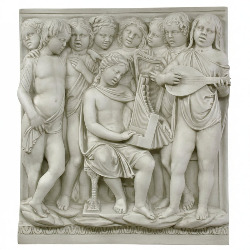 Bas-relief of Renaissance cherubs with musical instruments, featuring ornate classical detailing and expressive, lifelike figures.