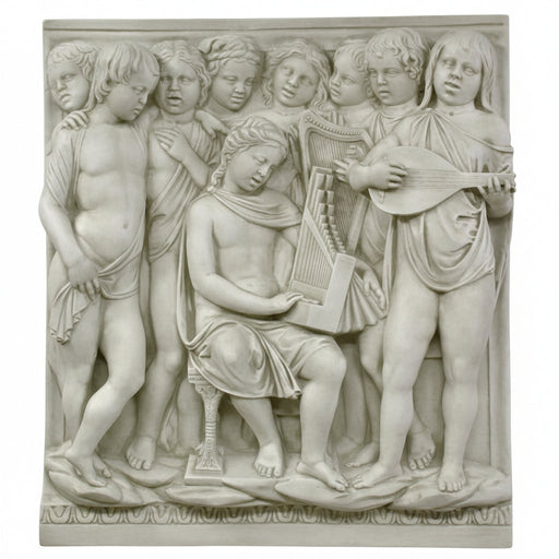 Bas-relief of Renaissance cherubs with musical instruments, featuring ornate classical detailing and expressive, lifelike figures.