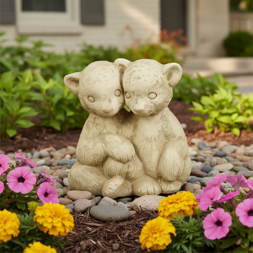 Two intricately detailed cubs sitting close together in an old world European, classical style with gentle, ornate features. Side Angle