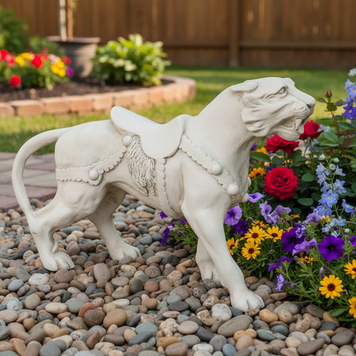 Baroque-style ornate lion statue with classical saddle and decorative harness, evoking old world European artistry. Side Angle