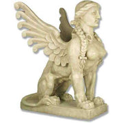Winged sphinx statue with braided hair, classical Greek style, ornate detailing, and mythological old world European theme.