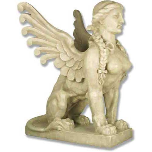 Winged sphinx statue with braided hair, classical Greek style, ornate detailing, and mythological old world European theme.