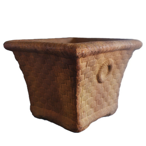 Square planter with woven basket texture, classical old world European style, ornate rope detail on side, Renaissance-inspired design.
