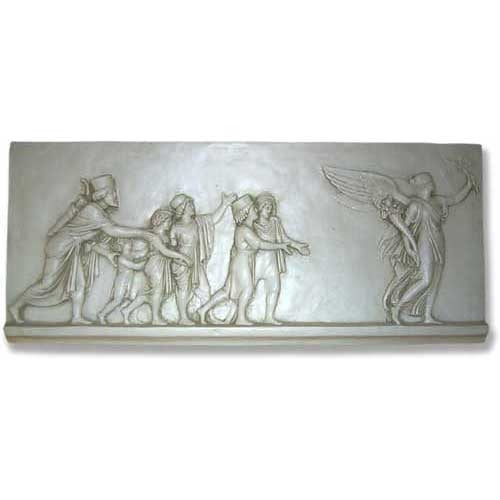 Classical Greek relief panel depicting robed figures and a winged figure in an ornate, old world European style.