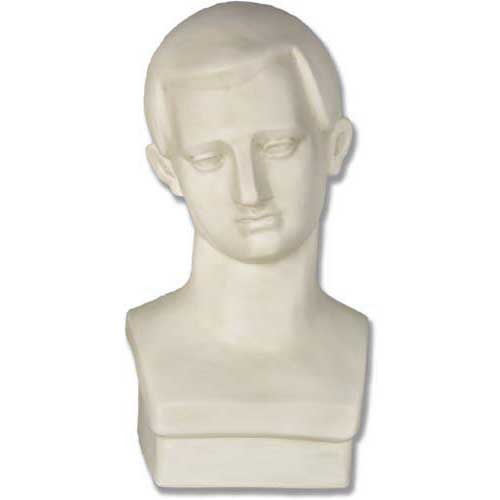 Classical Greek-style male bust with serene expression and smooth, simplified features, evoking old world European sculpture.