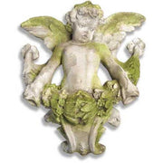 Baroque cherub wall sculpture in a stone alcove, surrounded by ornate floral vines and potted flowers in an old world European garden. Side Angle