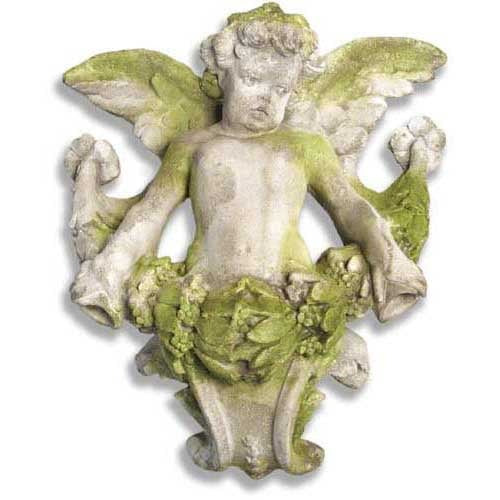 Baroque cherub wall sculpture in a stone alcove, surrounded by ornate floral vines and potted flowers in an old world European garden. Side Angle