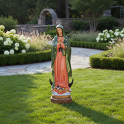 Virgin Mary statue in classical old world European style, hands in prayer, ornate robe, standing on crescent with angel at base. Side Angle