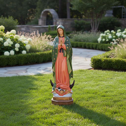 Virgin Mary statue in classical old world European style, hands in prayer, ornate robe, standing on crescent with angel at base. Side Angle