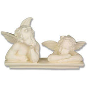 Two ornate Baroque cherubs with wings rest on a ledge, one gazing upward thoughtfully, the other with head on folded arms.