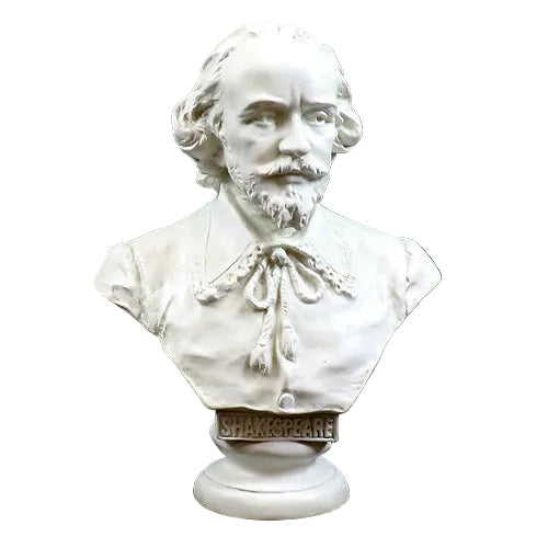 Classical Renaissance-style bust of William Shakespeare with ornate detailing and a decorative nameplate on the pedestal.