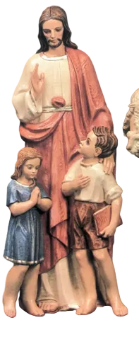 Jesus figure in classical Renaissance style with two children, one praying and one holding a book, featuring ornate detailing.