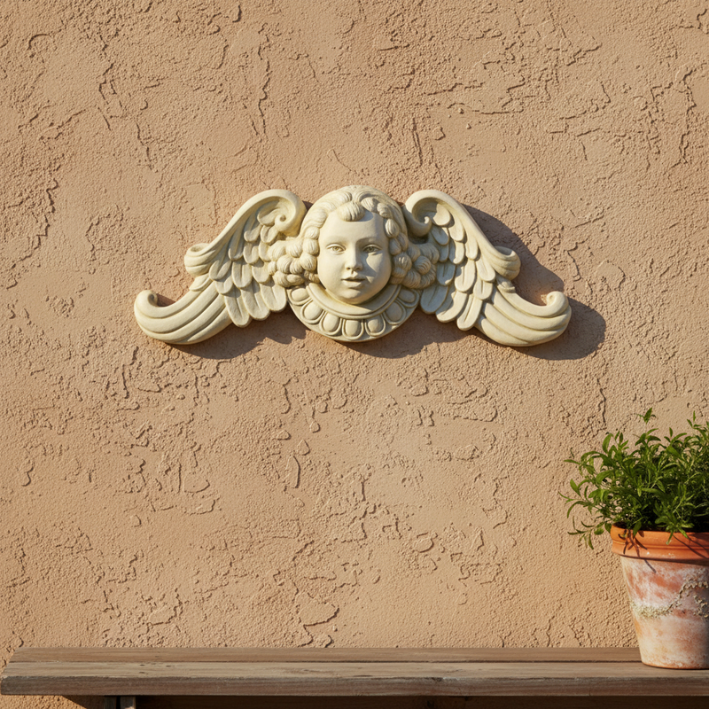Classical Winged Cherub Head Wall Plaque Outdoor Statue (23-Inch)
