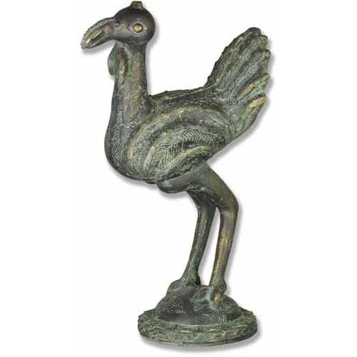Ornate old world European bird sculpture with classical detailing and stylized feathers on a round pedestal base.