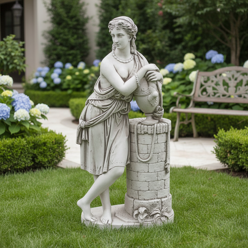Classical European statue of a woman in draped attire leaning on a stone well with ornate, Renaissance-inspired detailing. Side Angle