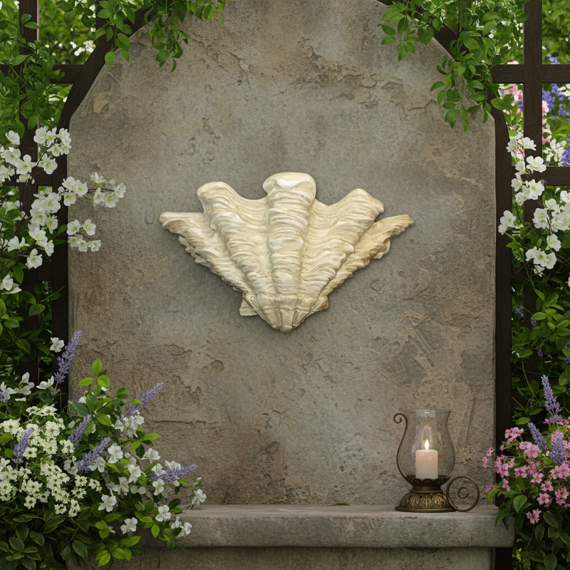 Ornate old world European shell wall sconce with classical scalloped design and intricate Renaissance-inspired detailing. Side Angle