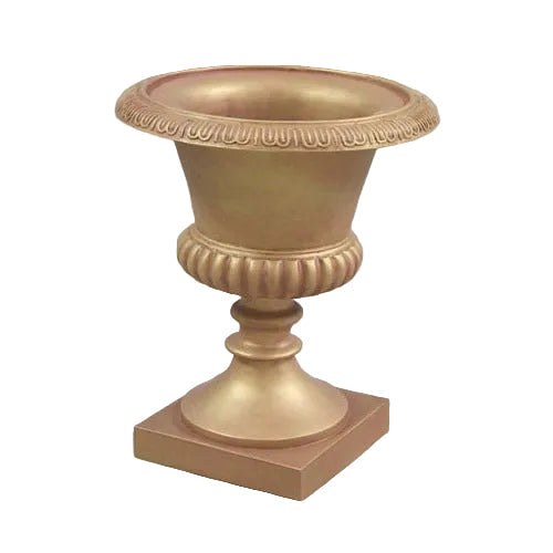 Ornate classical urn with fluted rim, rounded body, and pedestal base in old world European style.