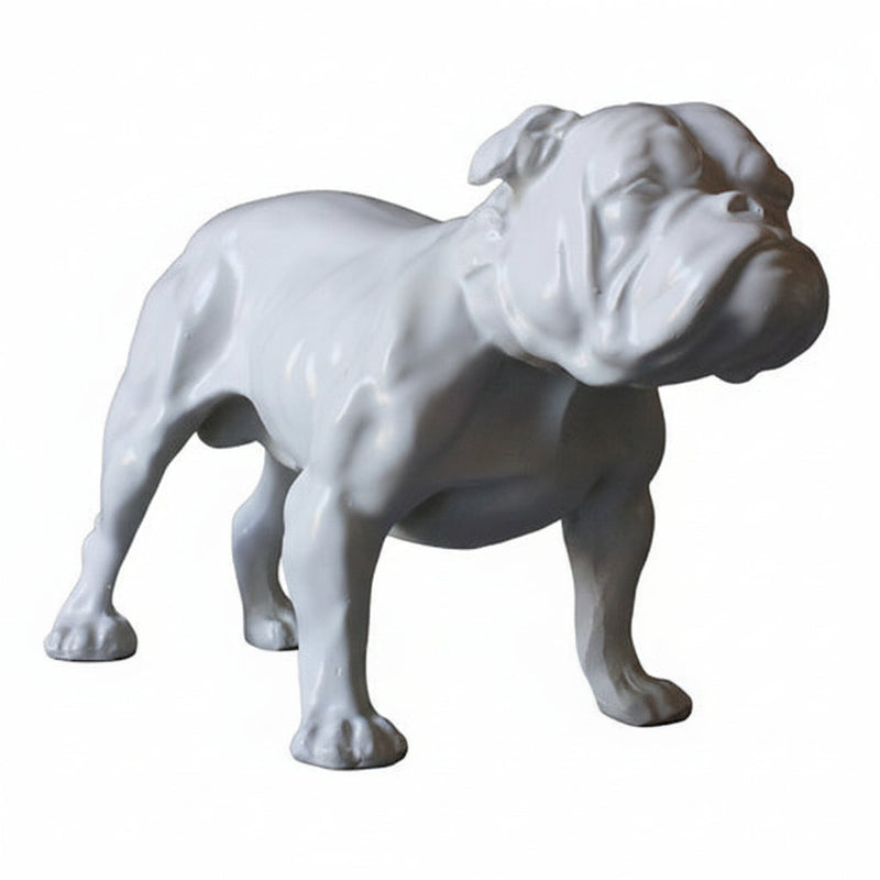 Bulldog statue with classical, old world European style and ornate detailing, featuring strong stance and sculpted facial features.