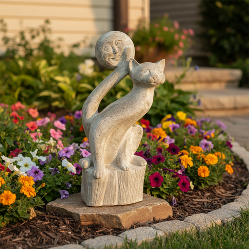 Cat sculpture in an old world European style, featuring ornate, whimsical lines and a classical moon face detail. Side Angle