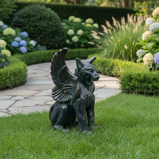 Winged griffin statue with classical old world European style, featuring ornate detailing and a mythical, medieval-inspired design. Side Angle
