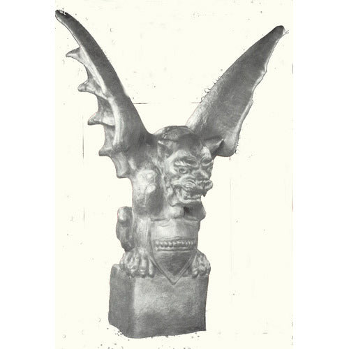 Gothic gargoyle statue with large outstretched wings, fierce expression, and ornate medieval detailing on a pedestal base.