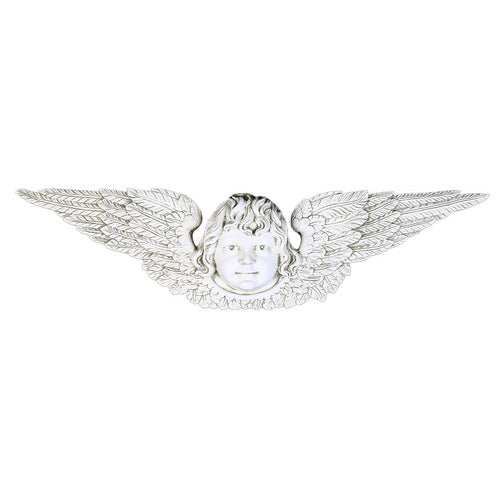 Winged cherub face with ornate, detailed feathers in a classical Baroque style, evoking old world European architecture. Side View