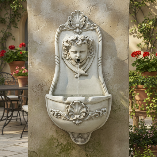 Wall fountain with ornate Baroque detailing, classical cherub face, and intricate scrollwork in old world European style. Side Angle