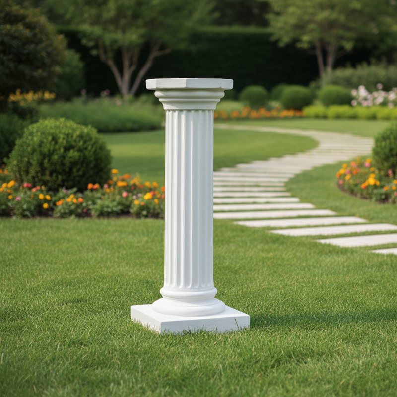 Fluted classical pedestal column with ornate capital and square base, inspired by old world European and Greek architectural styles. Side Angle