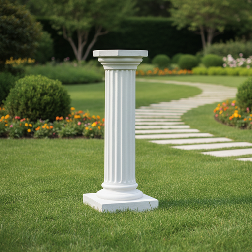 Fluted classical pedestal column with ornate capital and square base, inspired by old world European and Greek architectural styles. Side Angle