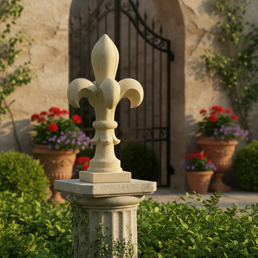 Fleur-de-lis finial with ornate, old world European design and classical, symmetrical Baroque detailing on a square base. Side Angle