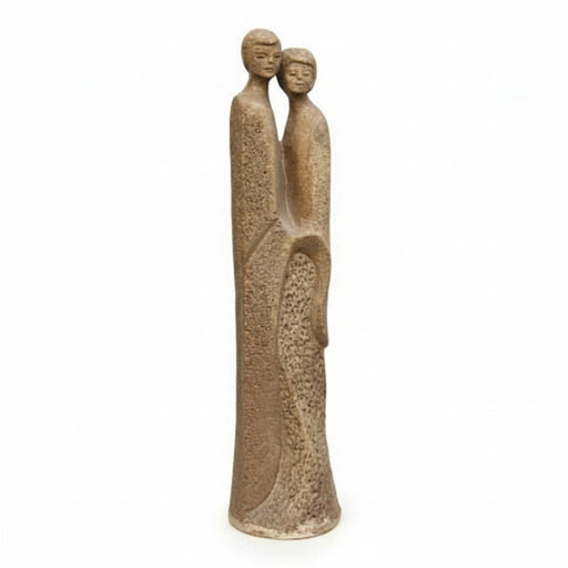 Two elongated, stylized figures in a classical, old world European style with minimalist, serene facial features and flowing forms.