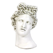 Classical Greek-style bust with ornate, wavy hair and serene expression, inspired by Renaissance and old world European sculpture. Side View