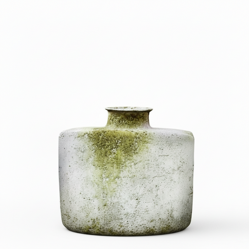 Square-shaped old world European vase with a narrow neck, featuring a weathered, mossy patina and subtle classical detailing.