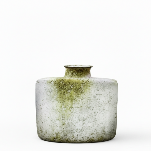 Square-shaped old world European vase with a narrow neck, featuring a weathered, mossy patina and subtle classical detailing.