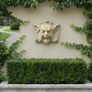 Grotesque face wall plaque with ornate Baroque detailing, classical old world European style, featuring curled mustache and pointed ears. Side Angle