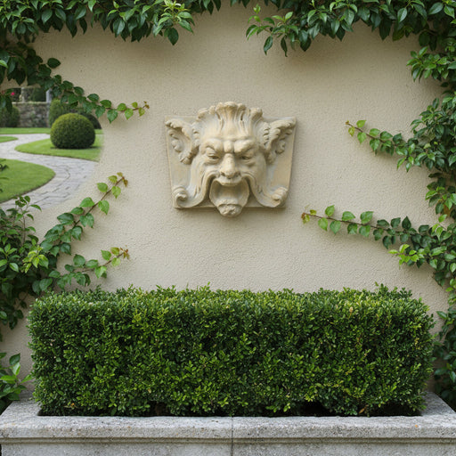 Grotesque face wall plaque with ornate Baroque detailing, classical old world European style, featuring curled mustache and pointed ears. Side Angle