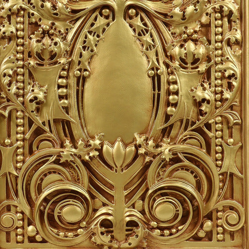 Ornate rectangular plaque with intricate Baroque scrollwork and classical old world European detailing in raised relief. Side Angle