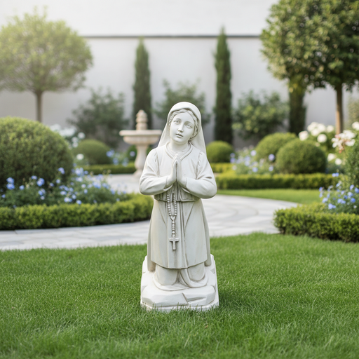 Kneeling girl statue with hands in prayer, rosary draped over wrists, featuring classical old world European style and serene expression. Side Angle