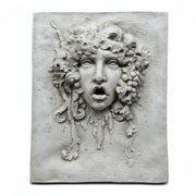 Medusa wall plaque with classical Greek and ornate Baroque detailing, featuring flowing hair, grape clusters, and expressive facial features