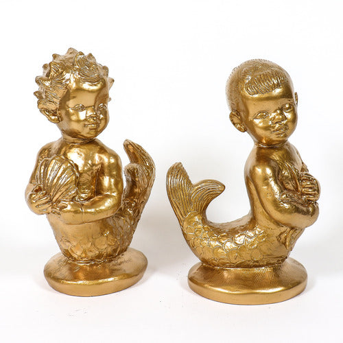 Pair of ornate, old world European mermaid figurines with classical detailing and Baroque-inspired sculpted features. Other Angle