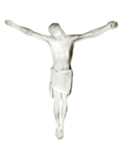 Crucifix with classical Renaissance style, featuring an ornate depiction of Christ with outstretched arms and detailed drapery. Side View
