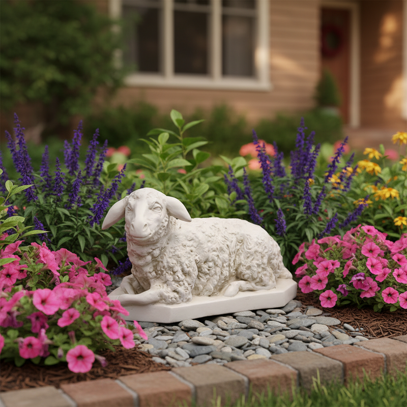Resting lamb sculpture with curled fleece, classical old world European style, featuring gentle expression and ornate detailing. Side Angle