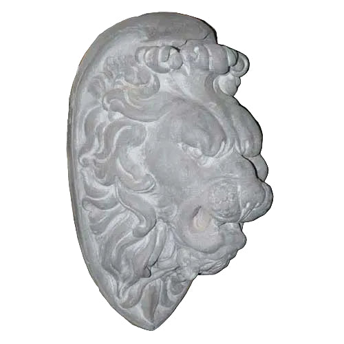 Lion head sculpture with flowing mane, classical old world European style, ornate detailing, reminiscent of Renaissance architectural decor.