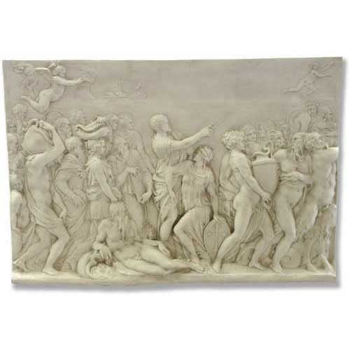 Classical bas-relief wall panel depicting a lively Renaissance scene with figures in flowing robes, ornate details, and mythological motifs.