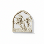 Gothic-style ornate wall plaque featuring angels and a robed figure in high relief within a pointed arch frame.