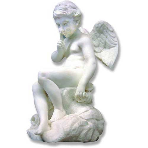 Cherub statue in classical Baroque style, seated with finger to lips, detailed wings and ornate sculptural base.