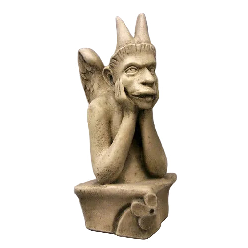 Gothic gargoyle statue with wings, horned crown, and contemplative expression in an old world European style.
