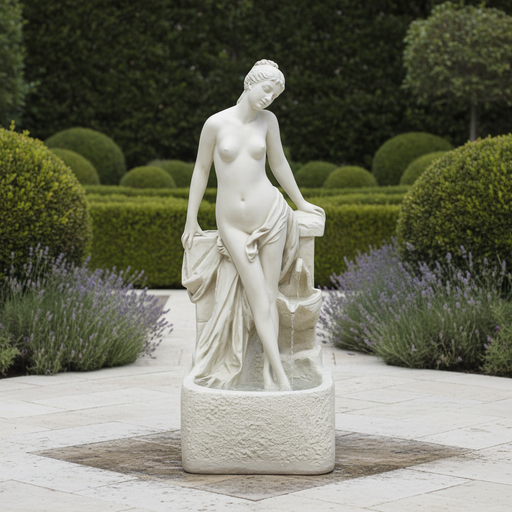 Classical Renaissance-style female statue with draped cloth, standing in a graceful pose on an ornate pedestal. Side Angle