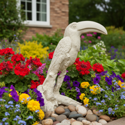 Toucan sculpture with ornate, old world European detailing and classical textured finish, perched on a stylized branch base. Side Angle