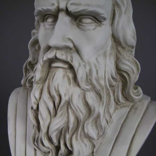 Classical Renaissance-style bust of a bearded man with detailed facial features and flowing hair on a pedestal base Other Angle